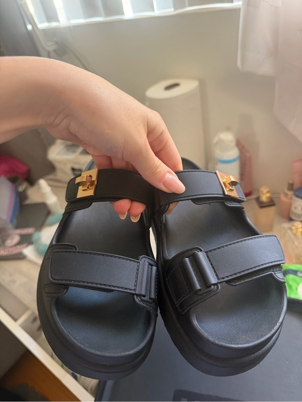 Black Gold Buckle Platform Slide Sandals - Picture 5 of 8